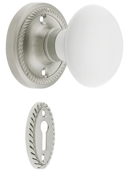 Rope Rosette Mortise Lock Set With White Porcelain Door Knobs in Satin Nickel.